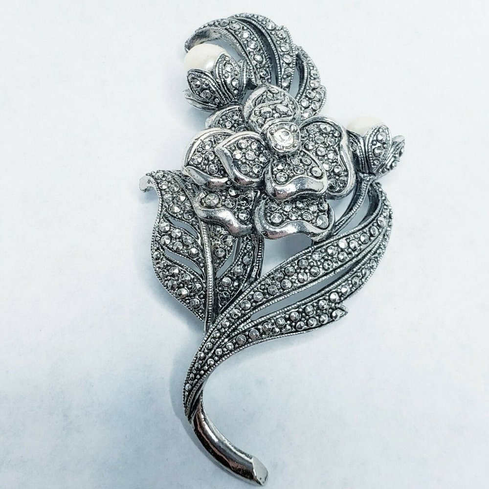 KJL Kenneth Jay Lane Marcasite Faux Pearls Rhinestone Flower Brooch Pin Signed
